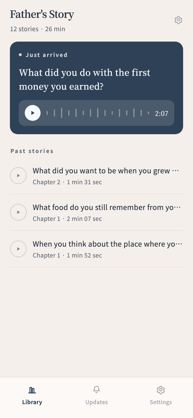 The child app showing the family book and its stories
