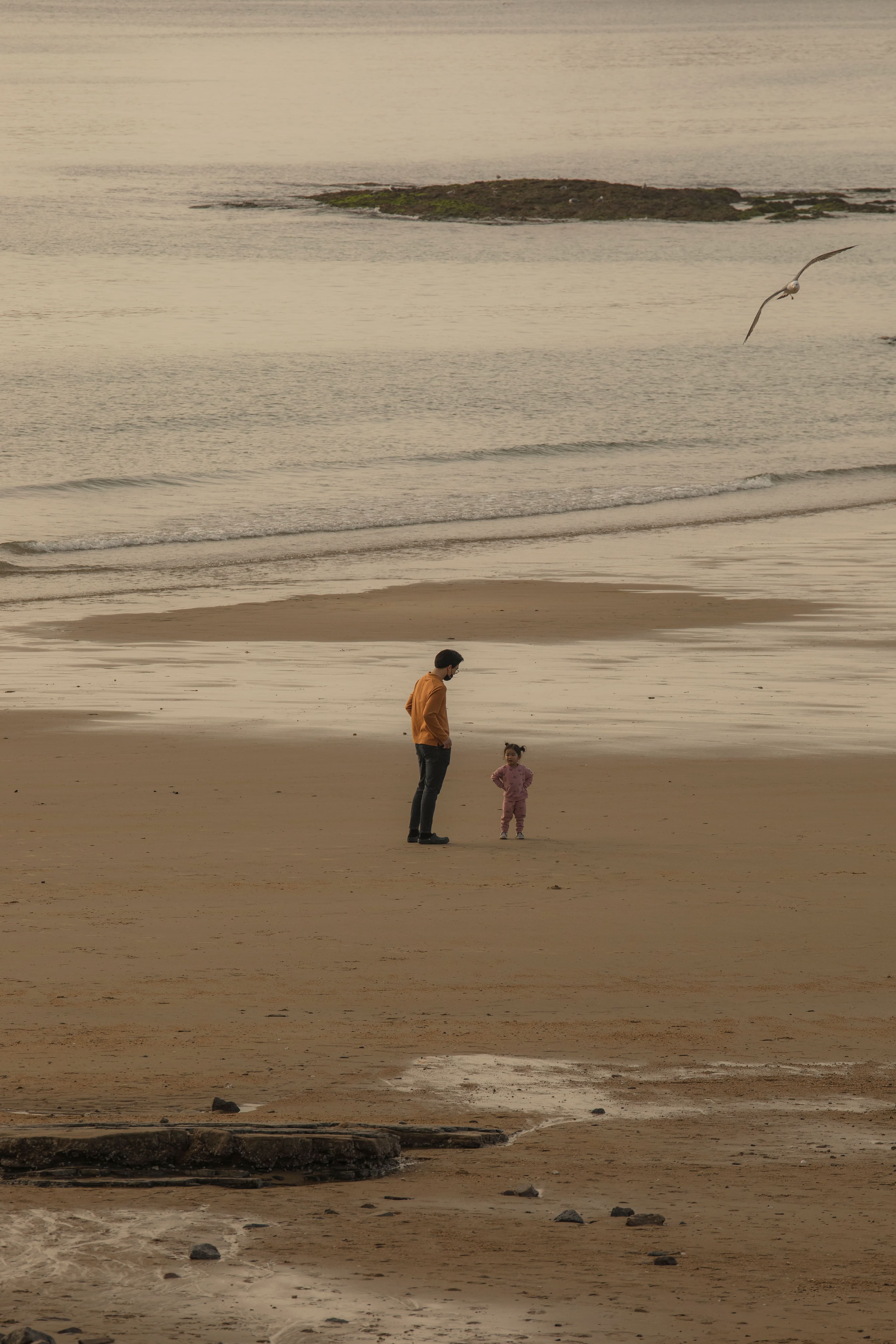 A father and child facing each other on the Buan seashore